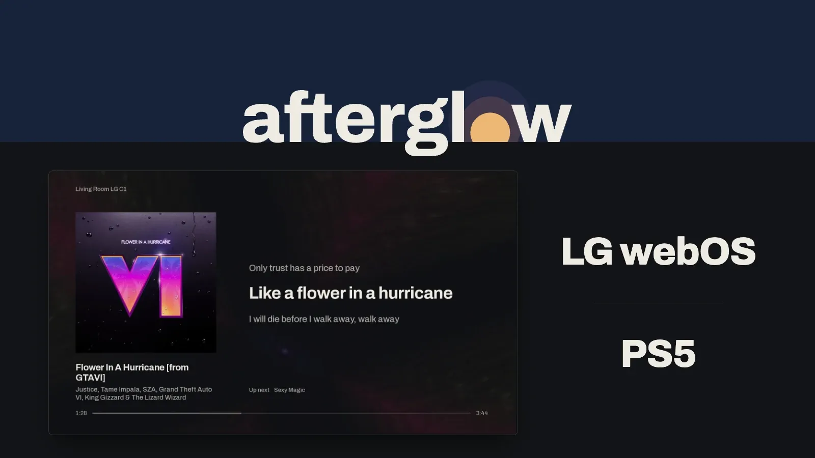 The Afterglow logo over the app playing a song with its lyrics, beside the words LG webOS and PS5