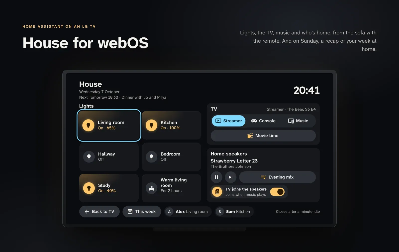 The House panel on a TV: light tiles, TV inputs, the home speakers and who is in which room