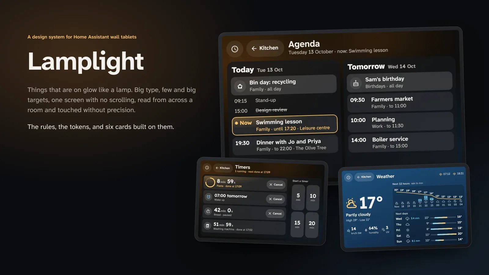 Lamplight's agenda, timers and weather cards on wall tablets