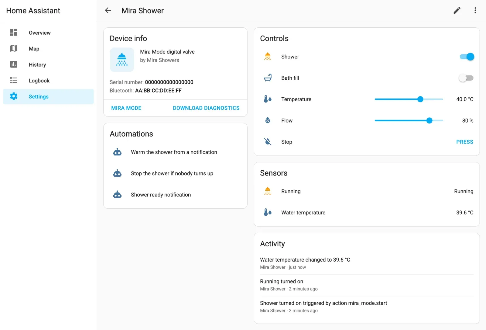 The Mira Shower device page in Home Assistant, with shower, temperature and flow controls
