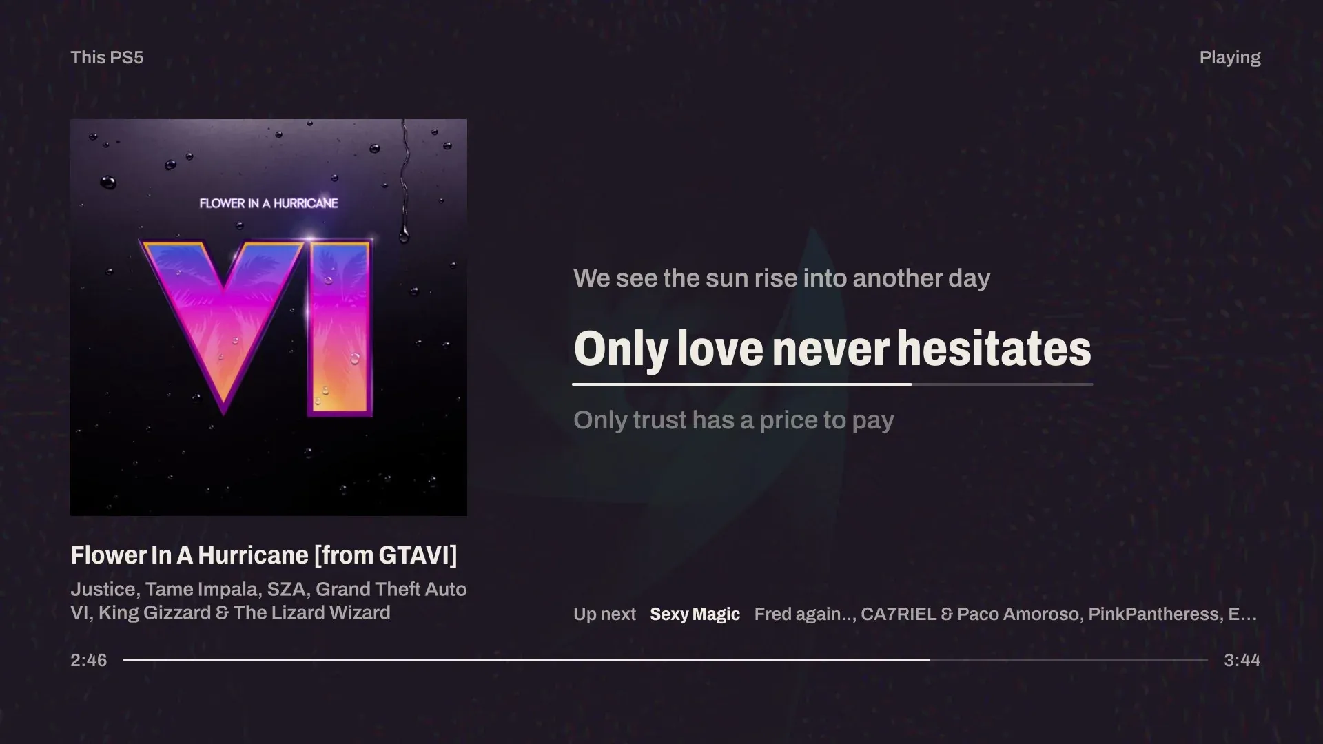 Afterglow on a PS5: the cover in a square, the current lyric line underlined as it is sung, and up next with its artists